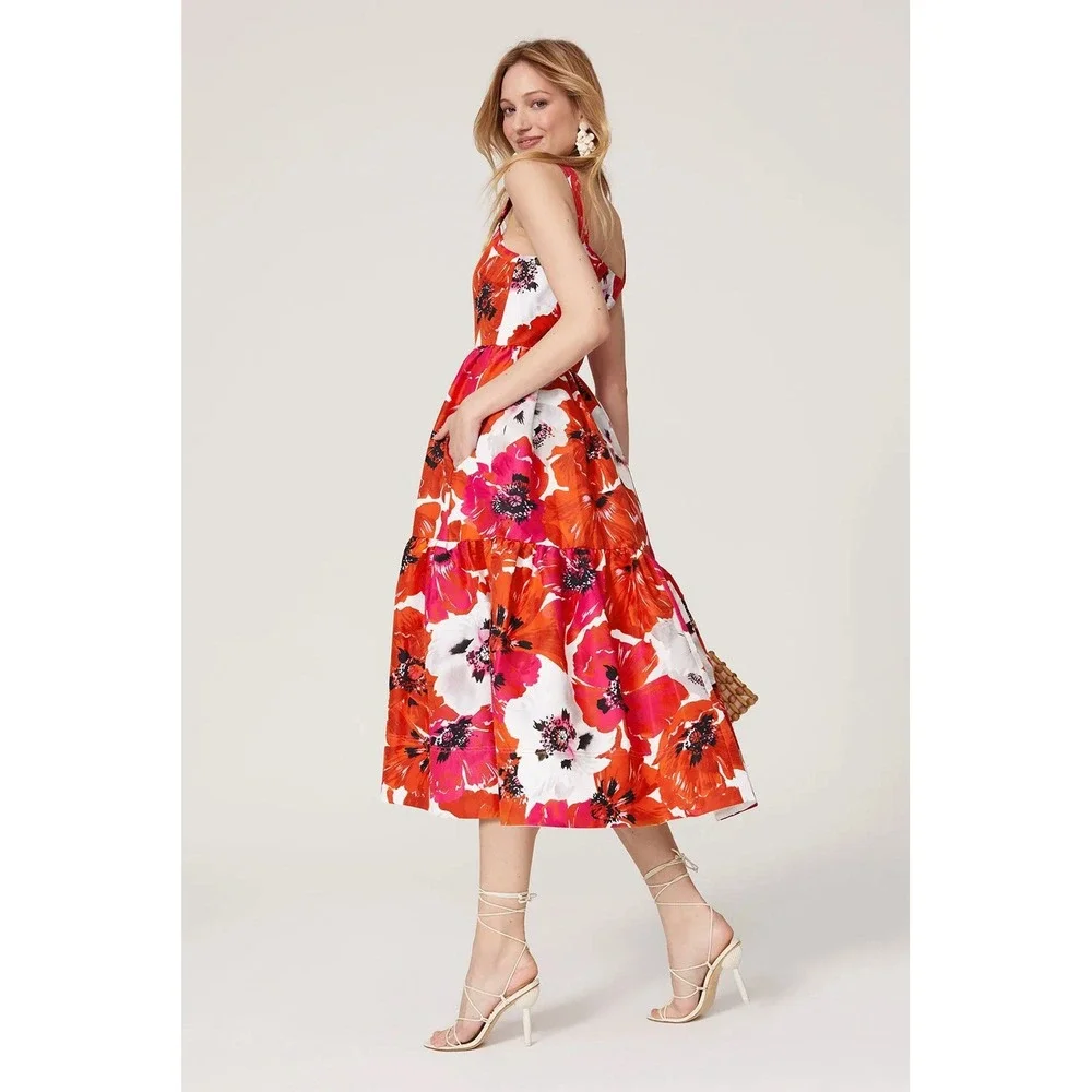 Tanya Taylor Gia Dress Size 2 Red Floral Midi Silk Blend Fit Flare Sundress $545 - Picture 11 of 13